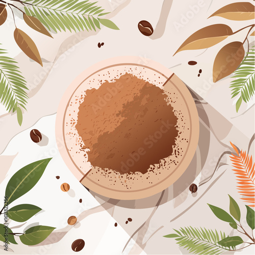 Brown Cocoa Powder Flatlay with Autumn Leaves and Coffee Beans