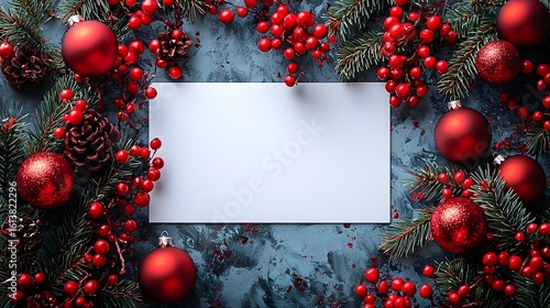 A blank white card framed by festive red garlands and ornaments  long title A blank white card surrounded by a vibrant cheerful arrangement of red