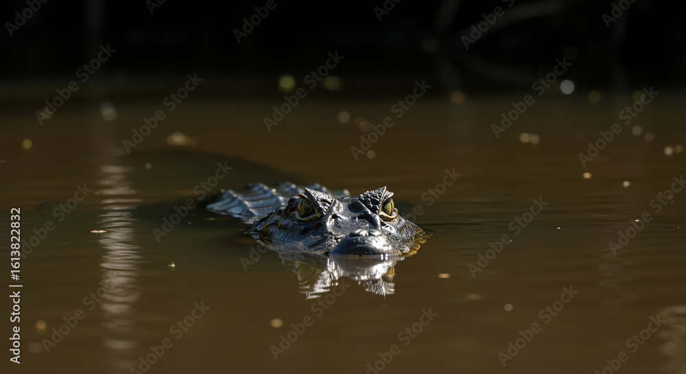 Alligator head floating on dark water surface with eyes and nostrils visible. Large reptile in natural wetland habitat for wildlife conservation and predator behavior campaigns Alligator head floating on dark water surface with eyes and nostrils visible. Large reptile in natural wetland habitat for wildlife conservation and predator behavior campaigns