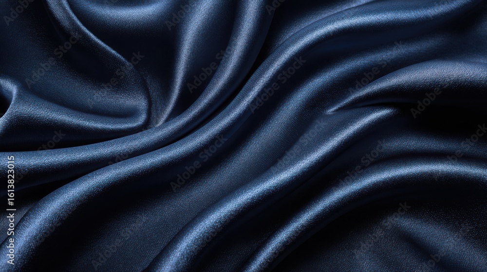 Obraz premium The dark blue silk fabric cascades gracefully with gentle waves, showcasing a rich texture and glossy finish that reflects light beautifully, creating a sense of luxury