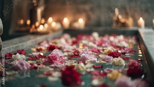 Floating rose petals spa bath with candlelight relaxation water floral therapy creating romantic serene cozy atmosphere soft towels aromatic beauty luxury wellness calm ambiance