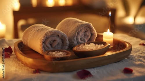 Rolled towel spa salt candle relaxation wellness calm atmosphere wooden tray soft light rose petal bath salt wooden tray with candlelight and rose petals create warm relaxing spa atmosphere