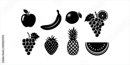 Black silhouette icons of apple banana lemon grapes strawberry pineapple watermelon slice vector