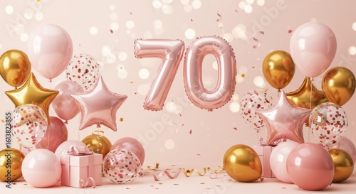 Glamorous 70th birthday celebration with balloons and confetti