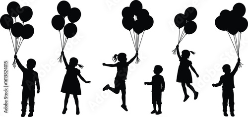 Children silhouettes holding balloons, joyful jumping pose, playful outdoor fun, black white vector illustration, happy kids celebration, vibrant childhood moment