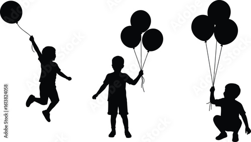 Children jumping joyfully with balloons, fun silhouette vector, playful outdoor activity, black and white kids design, happy childhood celebration scene