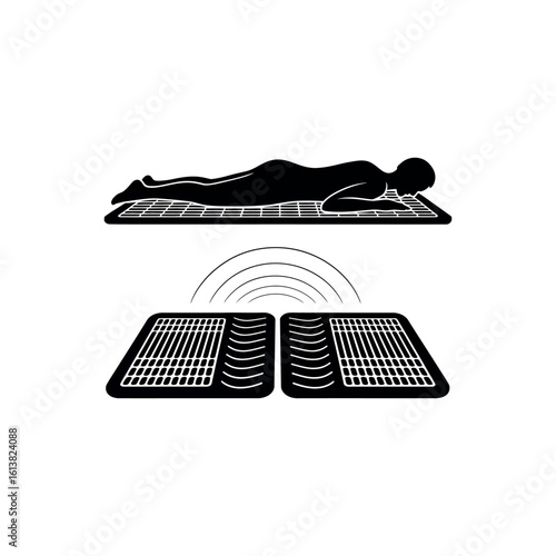 Silhouette of person lying on massage mat with radiating waves from below therapy wellness
