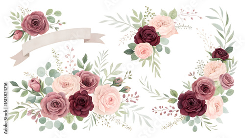 Fototapeta Naklejka Na Ścianę i Meble -  Elegant watercolor floral arrangement with blush pink and deep burgundy roses and eucalyptus leaves isolated on transparent background