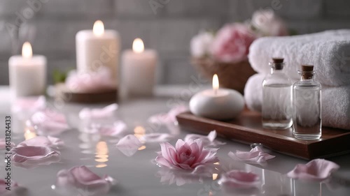 Pink flower petal candle towel spa relaxation wellness aromatherapy bath water soft light floating on water with lit candles creating calming and relaxing atmosphere for self care and beauty care