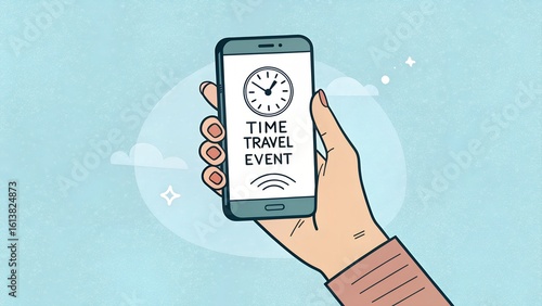 Cartoon Hand Holding Smartphone with Invite to a time-travel event, with a minimal clock design, on a simple light blue background.
