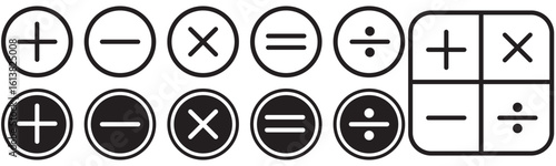 Mathematical Symbol Icon Set – Vector Buttons of Addition, Subtraction, and Calculation