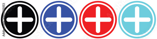 Multicolour Plus Icons in Circle – Add Symbols in Black, Blue, Red, and Cyan for UI Design