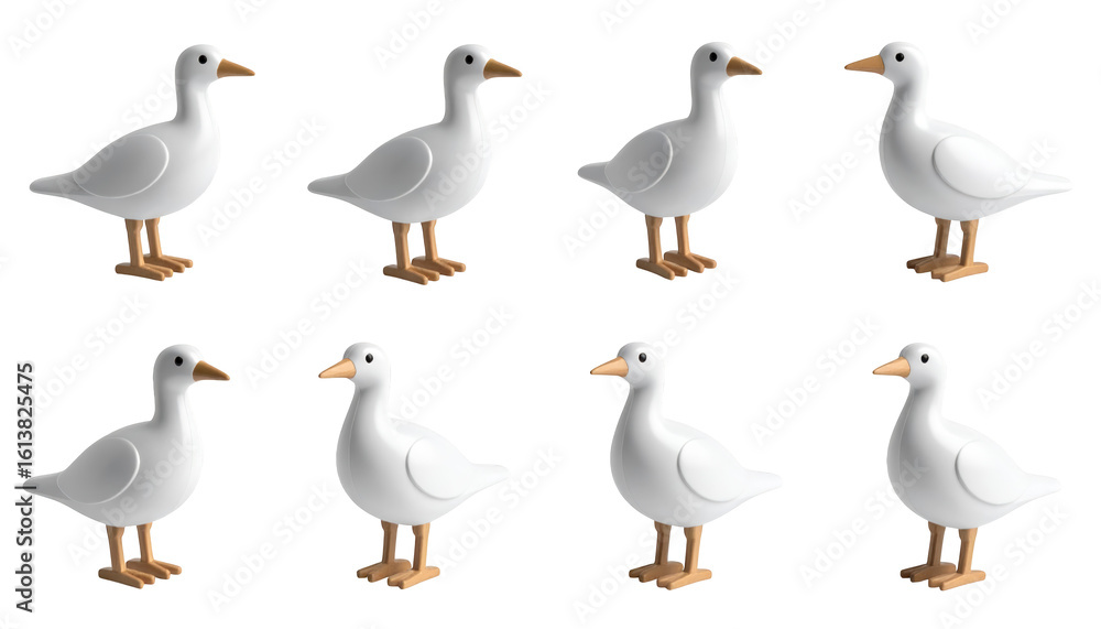 Fototapeta premium Charming flock of six white ducks, a closeup view of pristine feathers and distinctive brown feet