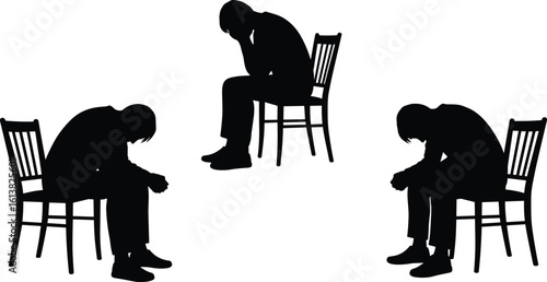 Silhouette of contemplative seated figures on chairs, reflecting introspective mood, mental health awareness, emotional expression, black background illustration