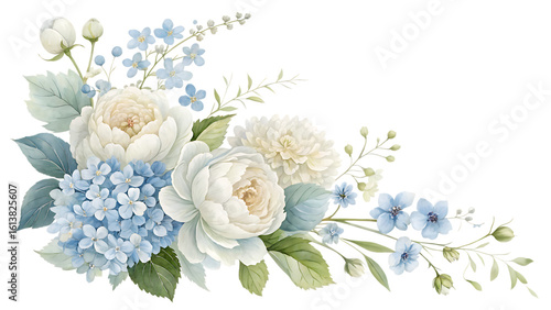 Elegant watercolor floral arrangement with white roses blue hydrangeas and delicate small flowers isolated on transparent background
