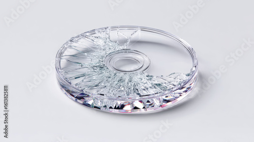 Cracked plastic CD case on minimalist white backdrop evokes sense of fragility and imperfection. intricate details of breakage highlight contrast between clarity and damage