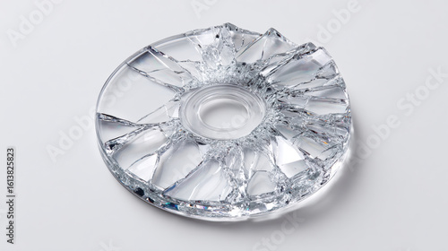 Cracked plastic CD case on minimalist white backdrop, showcasing intricate details of shattered surface, evoking sense of fragility and loss