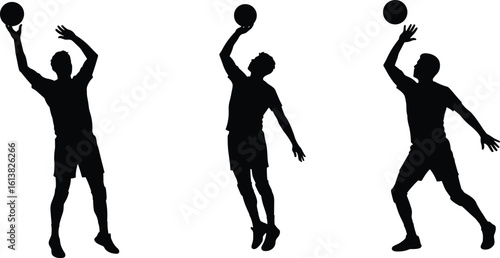Silhouettes of basketball player jump shots, dynamic motion, athletic poses, sports action, black white vector illustration, competitive energy, training movement