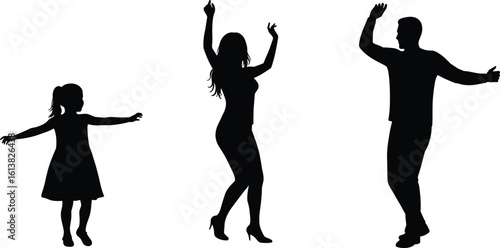 Silhouettes of child, woman, man dancing joyfully, family celebration, black white design, energetic motion, togetherness, vector art, isolated figures