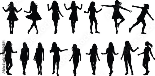 Silhouettes of dancing women in various poses, energetic movement, black and white design, expressive figures, vector art, artistic collection