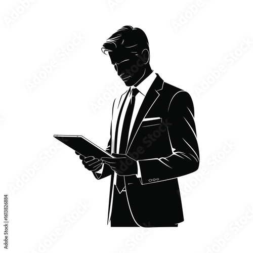 Silhouette of a businessman in a suit reading a tablet