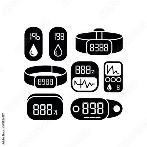 Collection of black health monitoring device icons with digital displays health tracker fitness tracker