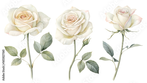 Three delicate pale cream roses with green leaves and stems artfully arranged on a transparent background isolated on transparent background