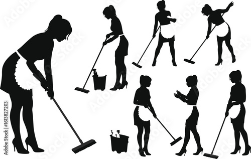 Silhouettes of maids cleaning with mops and buckets, housekeeping service, professional tools, vector illustration, high heels, apron, chore concept