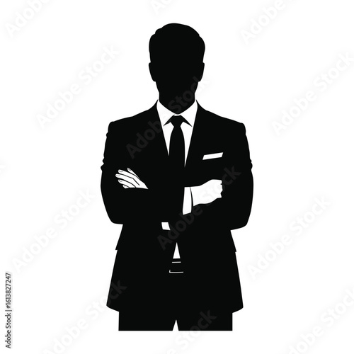 Silhouette of a man in a suit with arms crossed against a white background