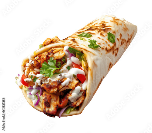 Delicious chicken shawarma wrap with fresh vegetables and herbs on transparent background