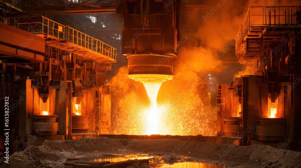 Obraz premium Bright streams of molten metal flow from a furnace in an industrial foundry while workers monitor the process during nighttime operations. The facility is filled with heat and glowing light