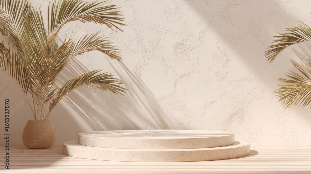Soft shadows dance on the textured wall as sunlight filters through indoor palm plants. The circular platform creates a serene, inviting atmosphere perfect for relaxation or display Soft shadows dance on the textured wall as sunlight filters through indoor palm plants. The circular platform creates a serene, inviting atmosphere perfect for relaxation or display
