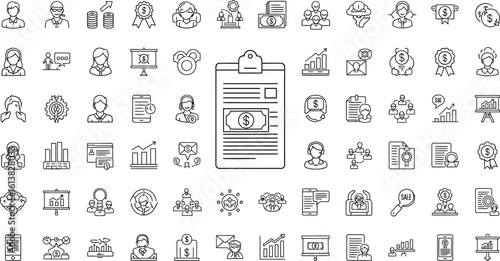 Collection of business and finance related icons in outline style format
