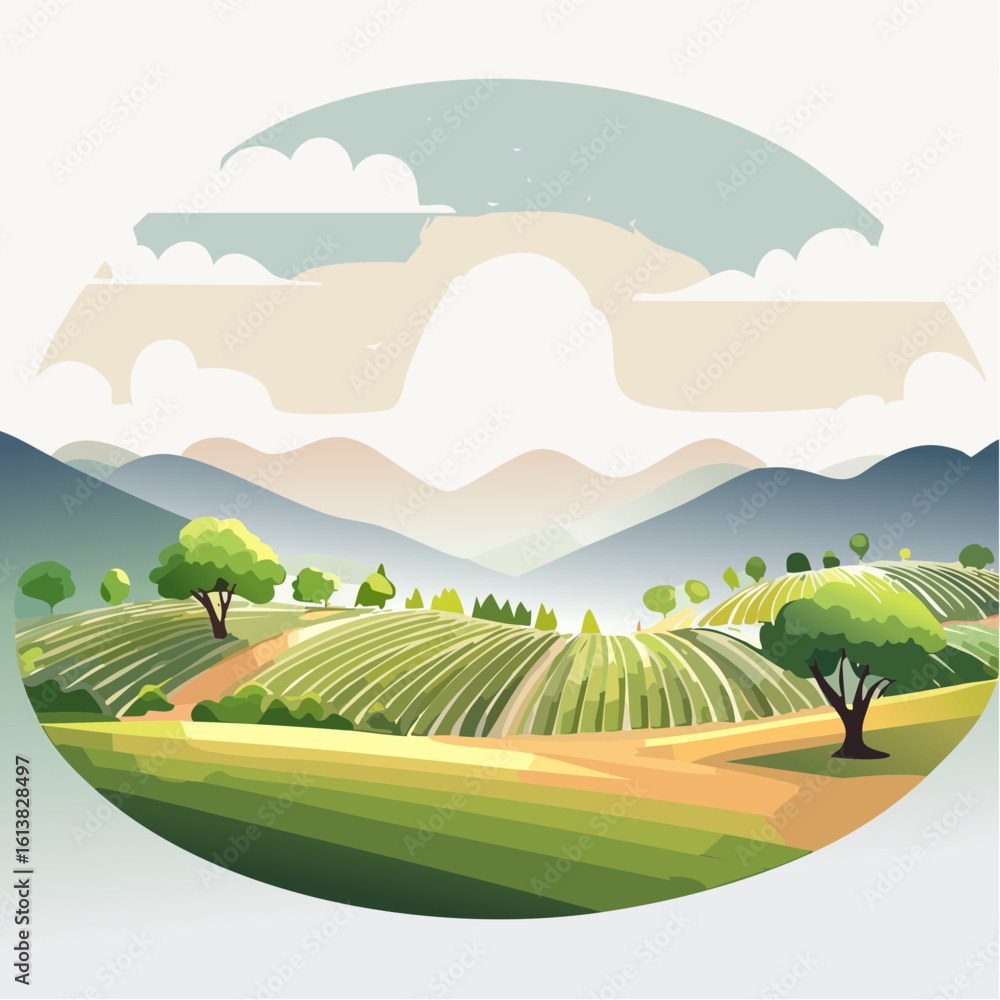 Obraz premium Serene Vineyard Landscape with Rolling Hills and Lush Green Vegetation