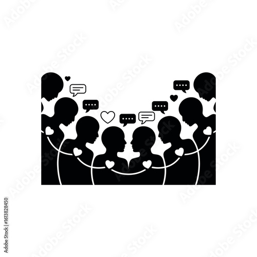 Black silhouettes of people communicating with hearts and speech bubbles communication connection