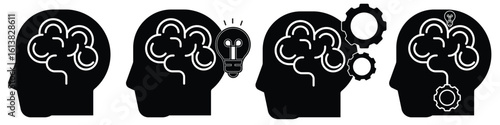 Conceptual Thinking Icons – Human Profile with Idea, Mechanism