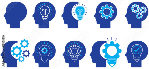 Problem Solving and Idea Generation Icon Set – Brain, Bulb, and Gear Concepts