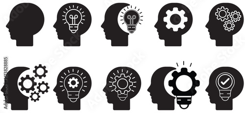 Creative Thinking and Innovation Icons – Human Head with Light Bulb and Gear Symbols