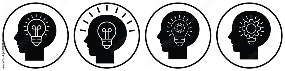 Creative Thinking and Innovation Icons – Human Head with Light Bulb Symbol in Circular Design
Creative Thinking and Innovation Icons – Human Head with Light Bulb Symbol in Circular Design