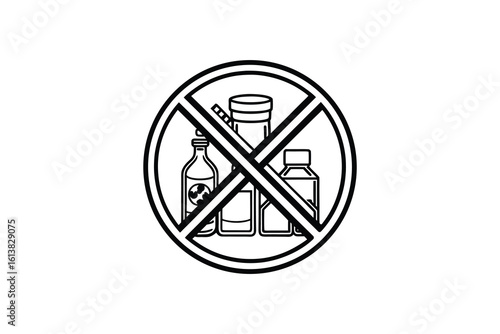 No Chemicals or Drugs Allowed Sign with Prohibited Symbol and Medicine Bottles silhouette prohibition sign featuring