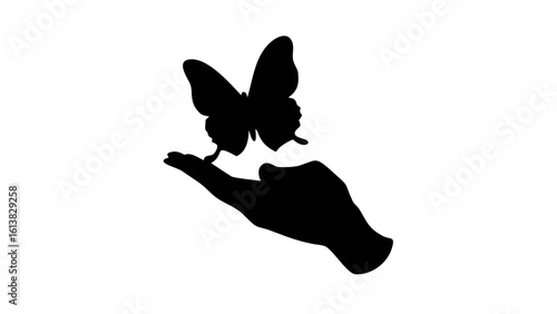 Silhouette of a butterfly perched delicately on an open hand in a monochrome illustration style image