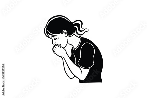 Distressed Young Woman Covering Mouth with Hands in Sorrowful Expression Silhouette distressed woman covers her mouth