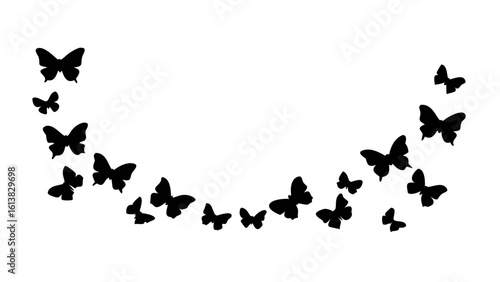Silhouette butterfly swarm arranged in an arc formation against a white background creating a delicate design