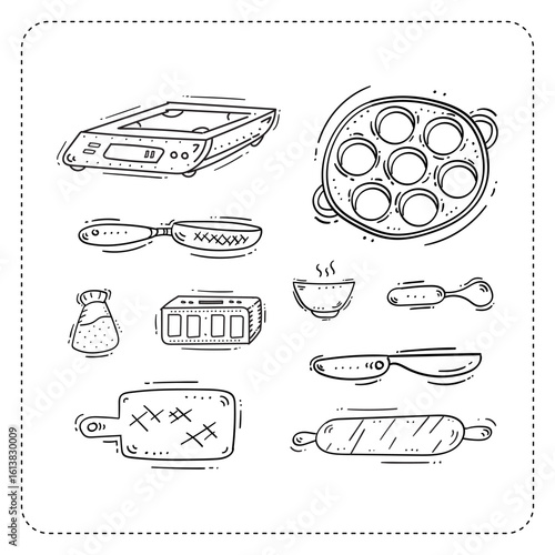 kitchen utensil icon, hand drawn kitchenware icon, doodle cooking utensil icon set