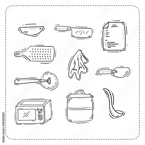 kitchen utensil icon, hand drawn kitchenware icon, doodle cooking utensil icon set