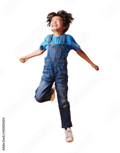 Fotografía Fashion, happy and boy child jumping with comic, excited and crazy expression with energy