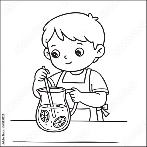 Cartoon Boy Making Lemonade in a Pitcher, Coloring Page