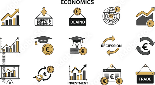 Collection of economics themed icons including charts and euro signs