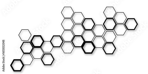An abstract arrangement of interconnected hexagonal shapes, featuring a mix of bold black outlines and thinner black outlines, casting subtle shadows on a clean white background, 