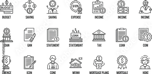 Line art icons depicting finance budget saving and loan management